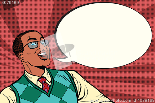 Image of Intelligent African with glasses says comic bubble