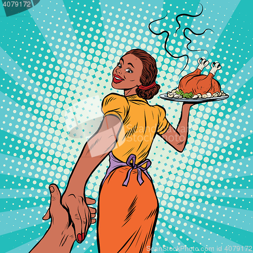 Image of follow me African-American housewife with roast Turkey