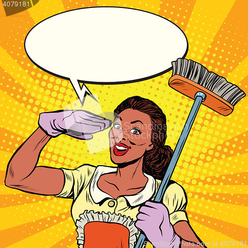 Image of Beautiful woman cleaner with brush for floors