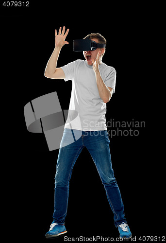 Image of man in virtual reality headset or 3d glasses