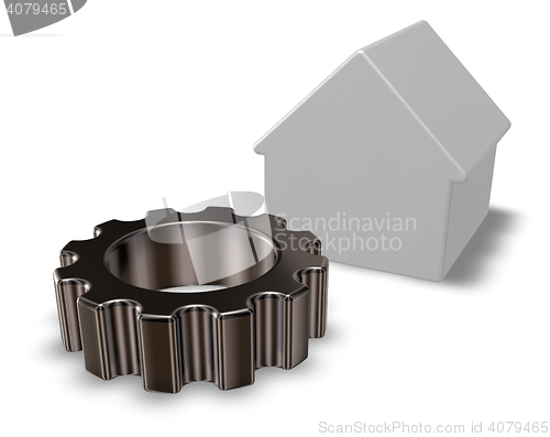 Image of house model and gear wheel - 3d rendering