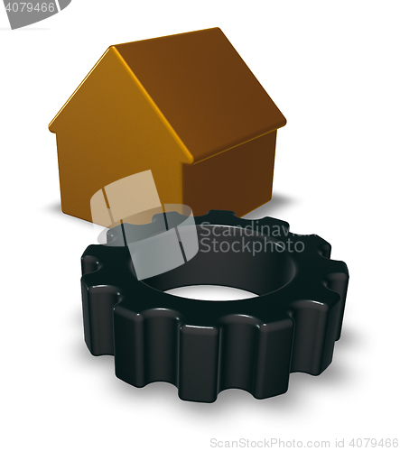 Image of house model and gear wheel - 3d rendering