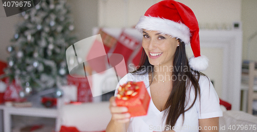 Image of Charismatic young woman holding a Christmas gift