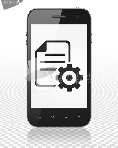 Image of Software concept: Smartphone with Gear on display