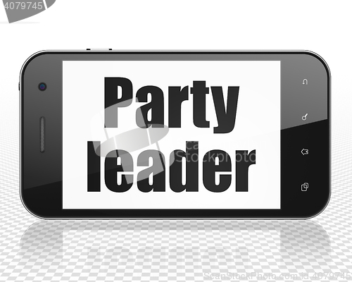 Image of Politics concept: Smartphone with Party Leader on display