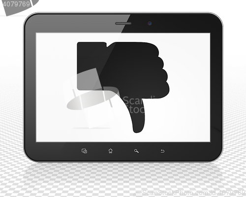 Image of Social media concept: Tablet Pc Computer with Thumb Down on display