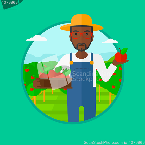 Image of Farmer collecting apples vector illustration.
