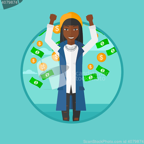 Image of Happy woman with  flying money. 