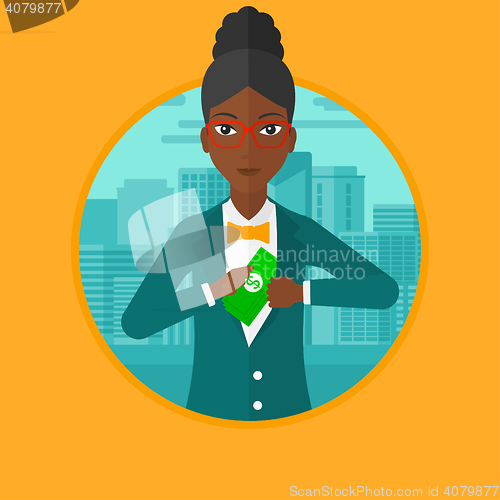 Image of Woman putting money in pocket vector illustration.