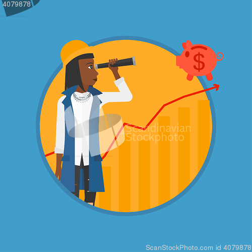 Image of Woman looking through spyglass at piggy bank.