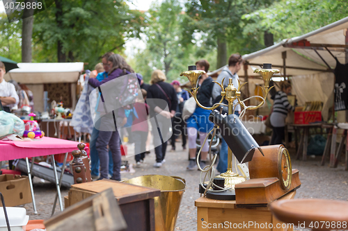 Image of Market boot with objects beeing sold at weekend flea market in Berlin.