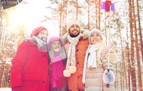 Image of smiling friends with smartphone in winter forest