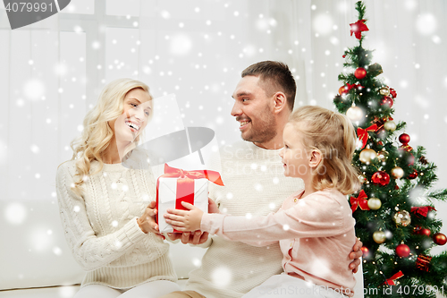 Image of happy family at home with christmas gift box