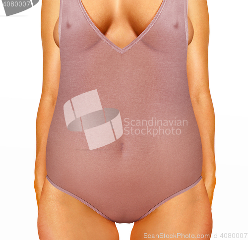 Image of fatty body in lilac nightgown