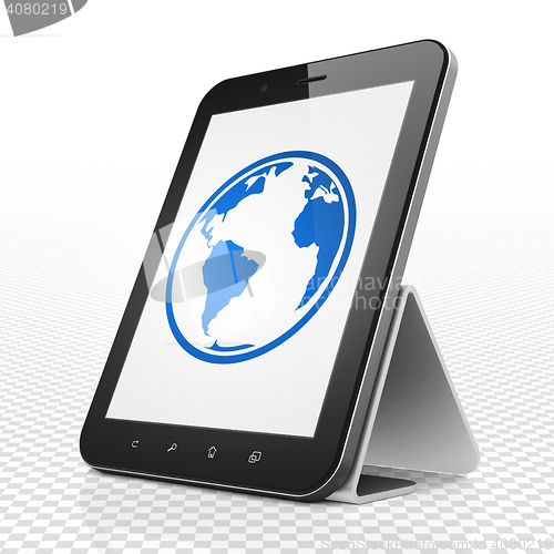 Image of Studying concept: Tablet Computer with Globe on display
