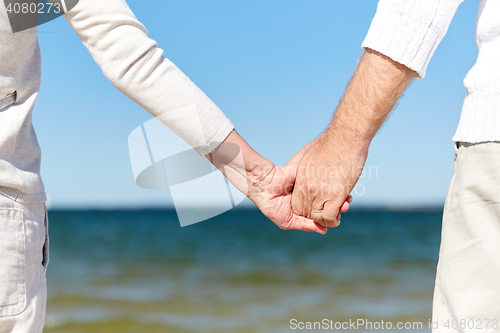 Image of close up of senior couple holding hands on beach