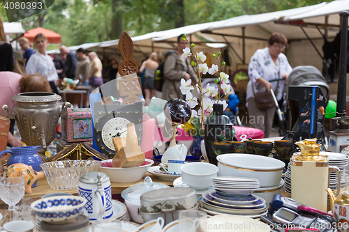 Image of Market boot with objects beeing sold at weekend flea market in Berlin.