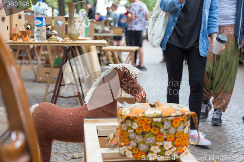 Image of Market boot with objects beeing sold at weekend flea market in Berlin.