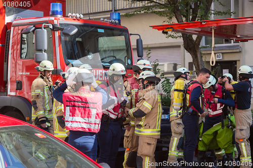 Image of Firefighters getting ready to intervene on chemical accident location.