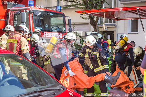 Image of Firefighters getting ready to intervene on chemical accident location.