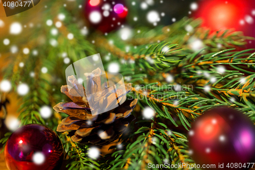 Image of fir branch with christmas ball and pinecones