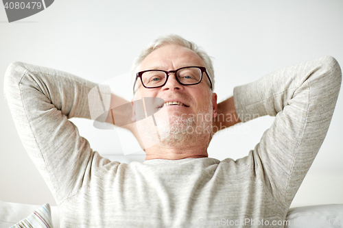Image of smiling senior man in glasses relaxing on sofa