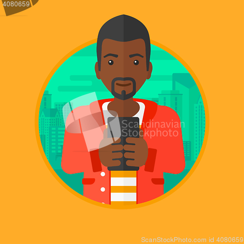 Image of Businessman using smartphone vector illustration.