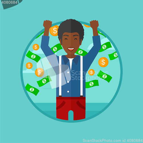 Image of Happy man with flying money vector illustration.