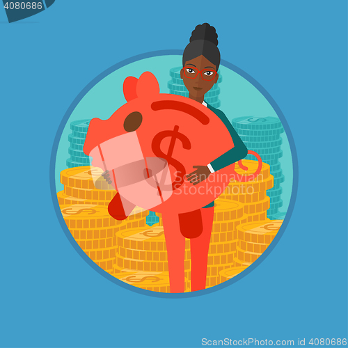 Image of Woman carrying piggy bank vector illustration.