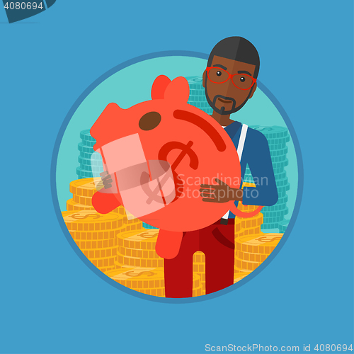 Image of Man carrying piggy bank vector illustration.