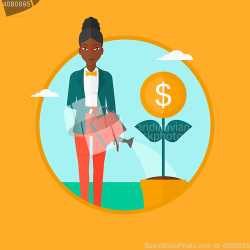 Image of Woman watering money flower vector illustration.
