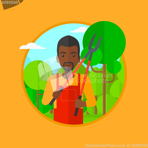 Image of Farmer with pruner in garden vector illustration.