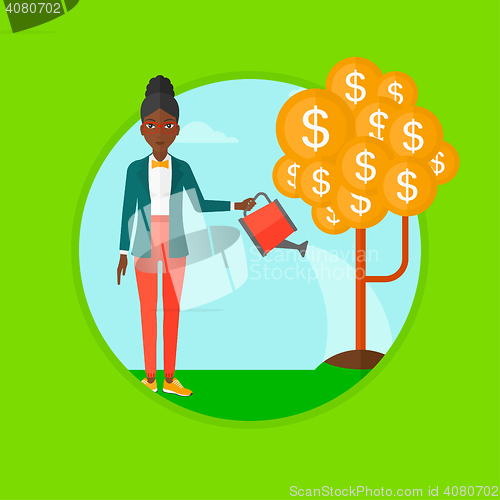 Image of Woman watering money tree vector illustration.