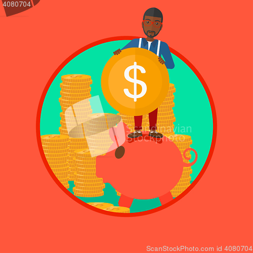 Image of Man putting coin in piggy bank vector illustration