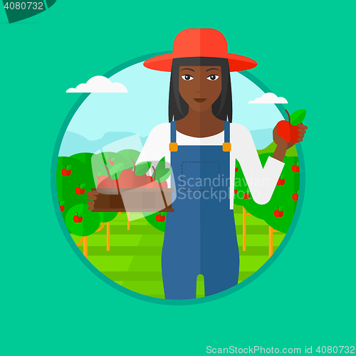 Image of Farmer collecting apples vector illustration.