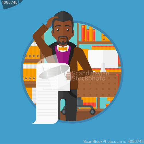 Image of Businessman holding long bill vector illustration.