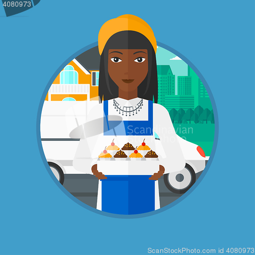 Image of Baker delivering cakes vector illustration.
