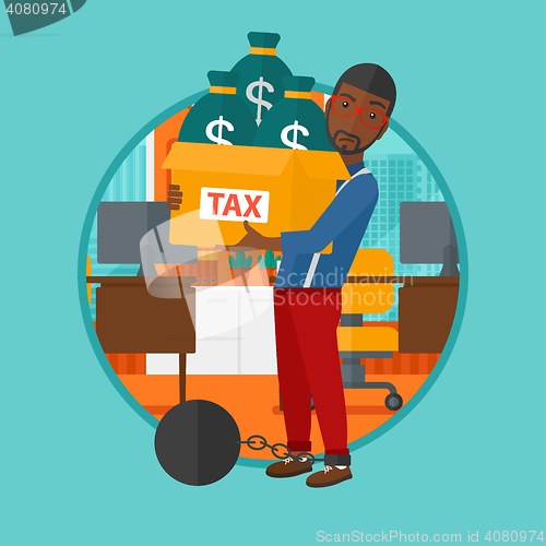 Image of Chained man with bags full of taxes. 