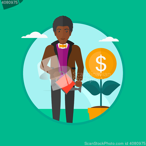 Image of Man watering money flower vector illustration.