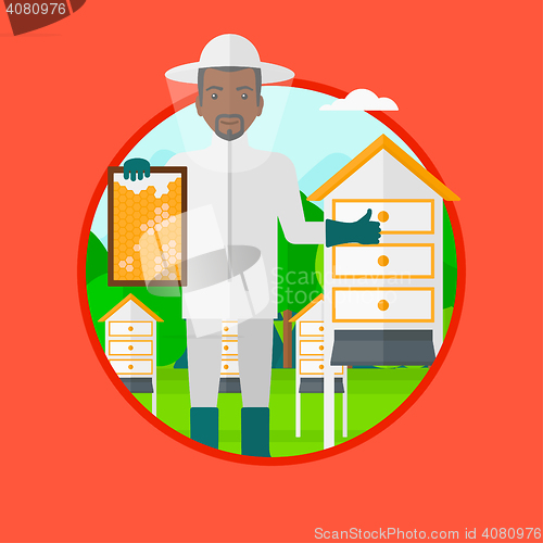 Image of Bee-keeper at apiary vector illustration.