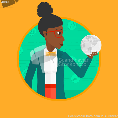 Image of Business woman holding globe vector illustration.