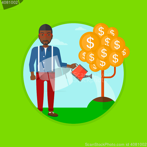 Image of Man watering money tree vector illustration.