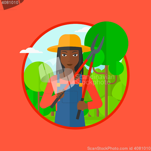 Image of Farmer with pruner in garden vector illustration.