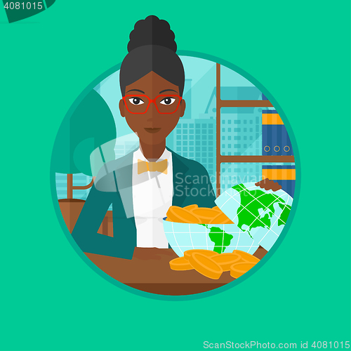 Image of Business woman looking at globe full of money.