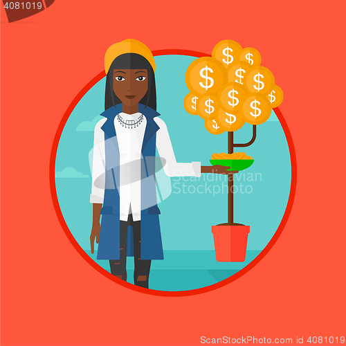 Image of Woman catching dollar coins vector illustration.