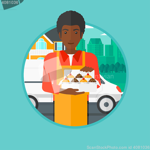 Image of Baker delivering cakes vector illustration.