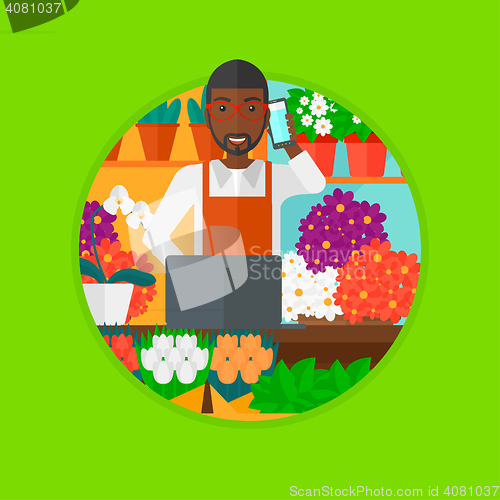 Image of Florist at flower shop vector illustration.