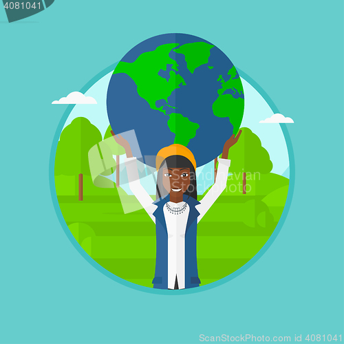 Image of Business woman holding globe vector illustration.