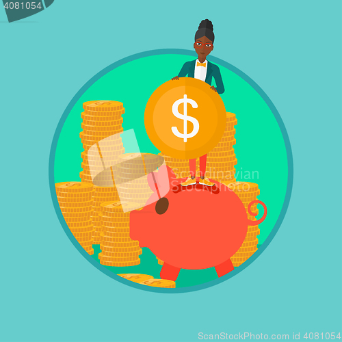 Image of Woman putting coin in piggy bank.