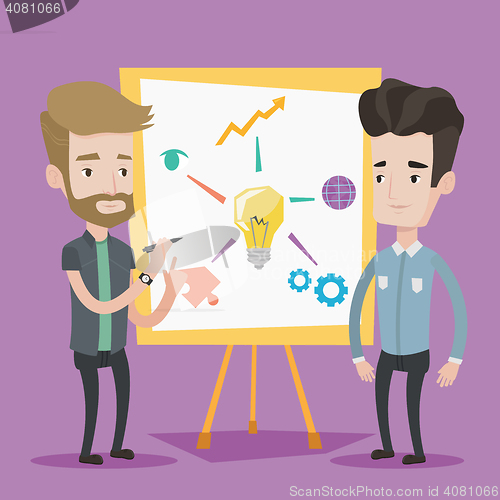 Image of Two businessmen discussing project near board.